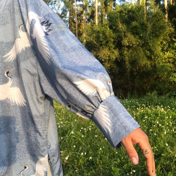 Vintage Japanese style crane print long side slit robe - Picture 9 of 11